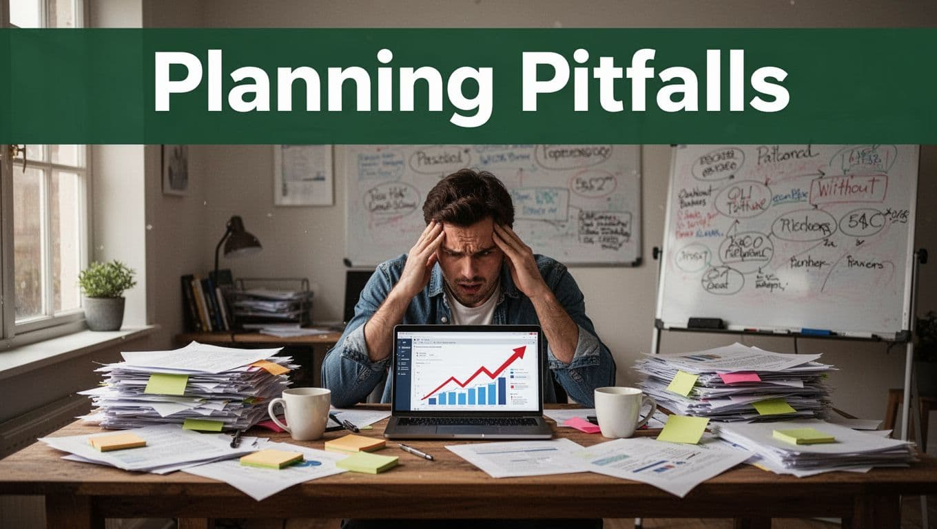 Frustrated young male entrepreneur in his 30s sits at a cluttered wooden desk piled with papers, sticky notes, empty coffee cups, and a laptop showing downward red arrow charts in a dimly lit home office, highlighting chaos from poor business planning.