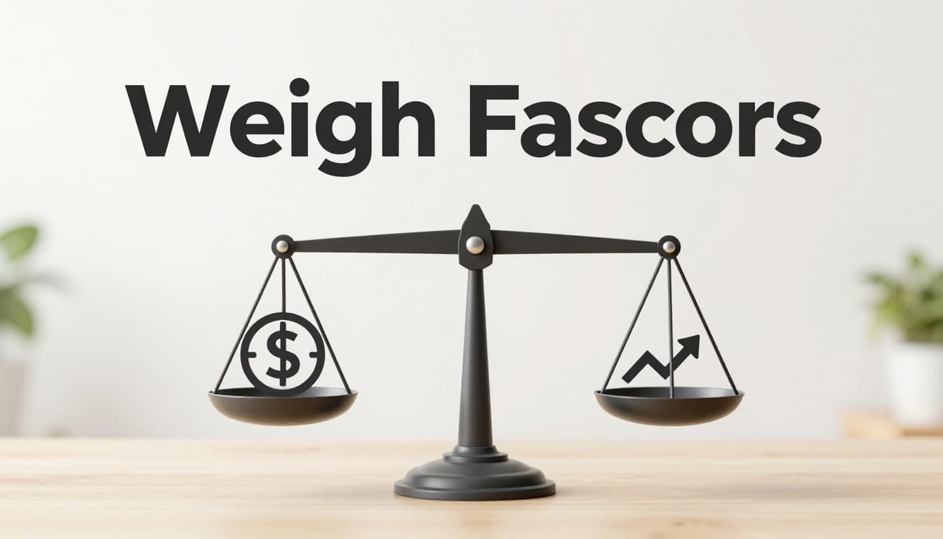 Balancing scales featuring icons of dollar signs, clock, growth arrow, and skill match symbols against a simple modern office background, with bold 'Weigh Factors' headline in Montserrat Black on a muted dark-green top band. Realistic digital art in landscape format, center-focused composition with bright lighting.