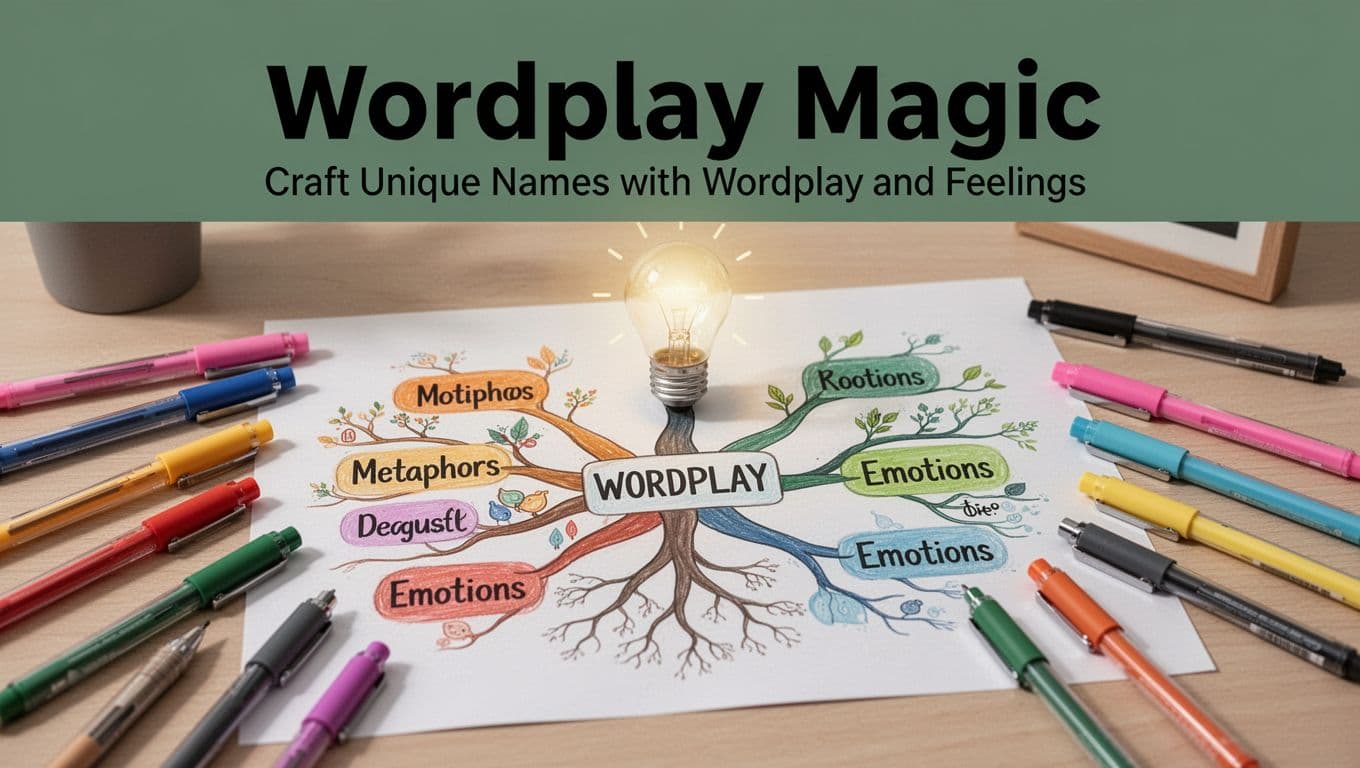 Creative workspace with a mind map on paper linking words like roots, metaphors, and emotions to generate business names, surrounded by scattered colored pens and a glowing lightbulb icon, in vibrant flat illustrative style.